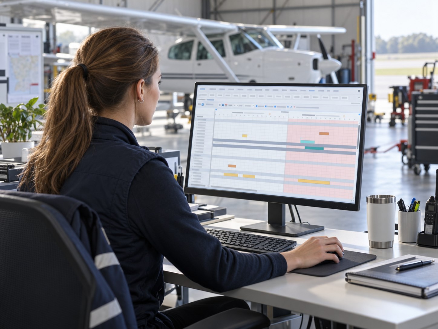 Aviation operations professional using the Flightnet web application at a workstation in an aircraft hangar